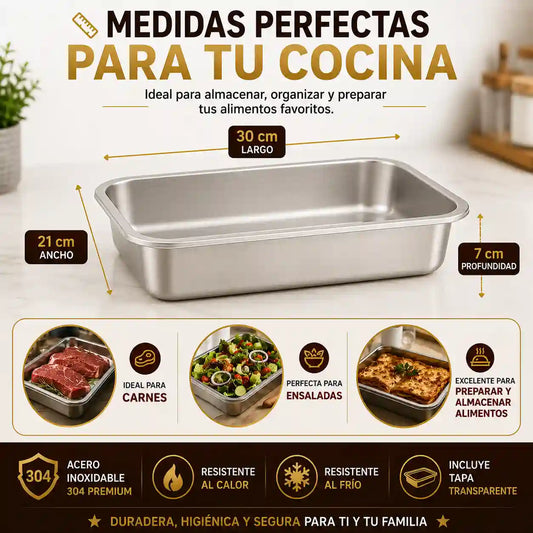 Packs    🥩 Cada Pack Tiene 3 Bandejas De Acero Inoxidable + Tapas   🚨📏 Medidas(22cm Ancho x 30cm de Largo x 7cm de Fondo)