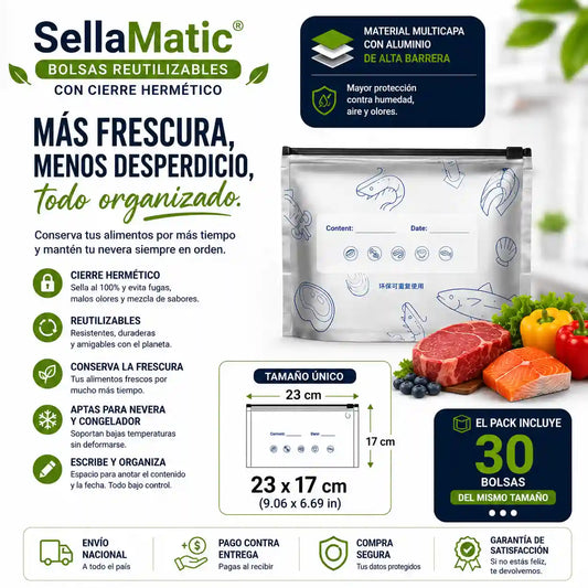 SellaMatic® - Pack x 30 o 60 Bolsas Herméticas Reutilizables de Aluminio (Medida 23x17cm)